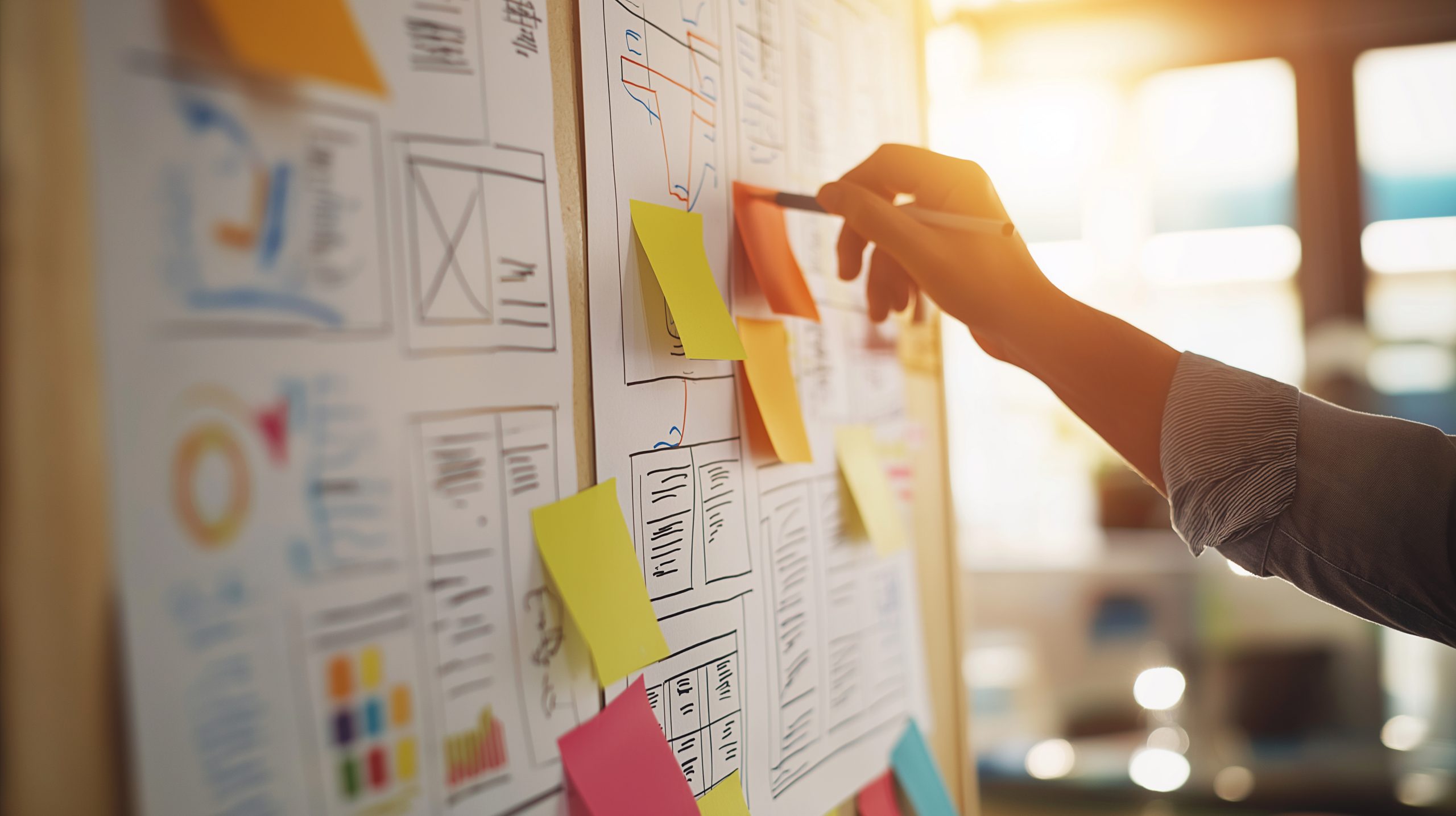 Person organizing project with sticky notes on planning board in warm light.