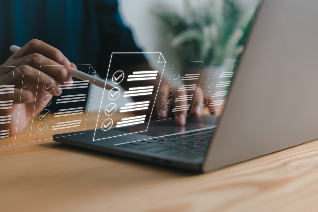 Checklist and clipboard task management, online survey form completion Corporate business technology includes a document management system (DMS) and process automation to efficiently manage files.